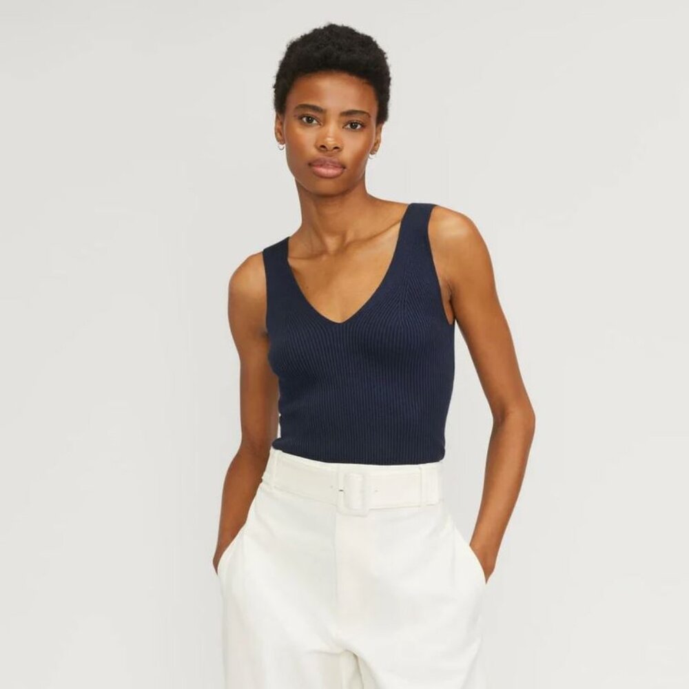 Everlane The Ribbed Cotton Double V Top, Navy (XS)